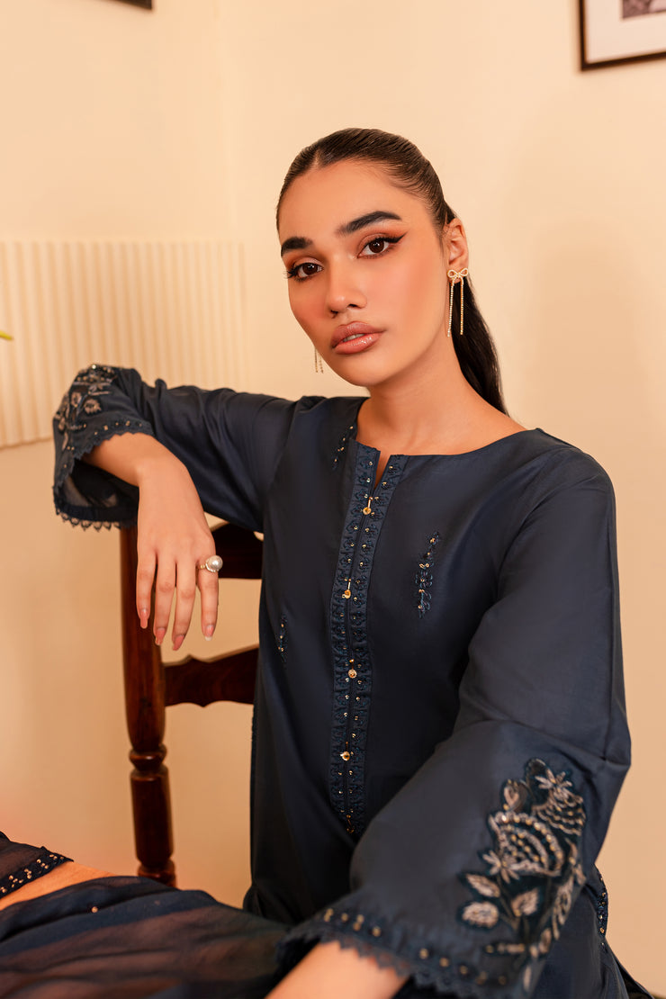 Blue Gold 3Pc - Embroidered Lawn Dress - BATIK