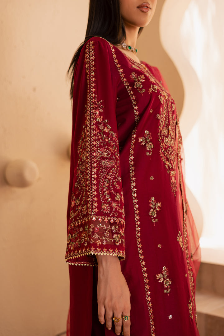 Beet Red 3Pc - Embroidered Solid Dress - BATIK