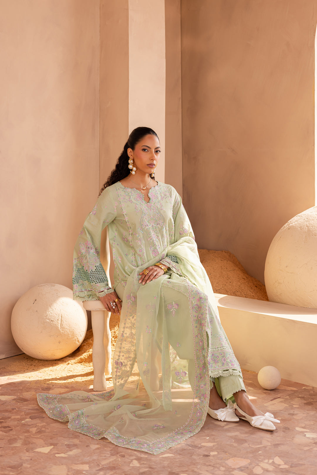 Meeral Green 3Pc - Embroidered Luxe Pret