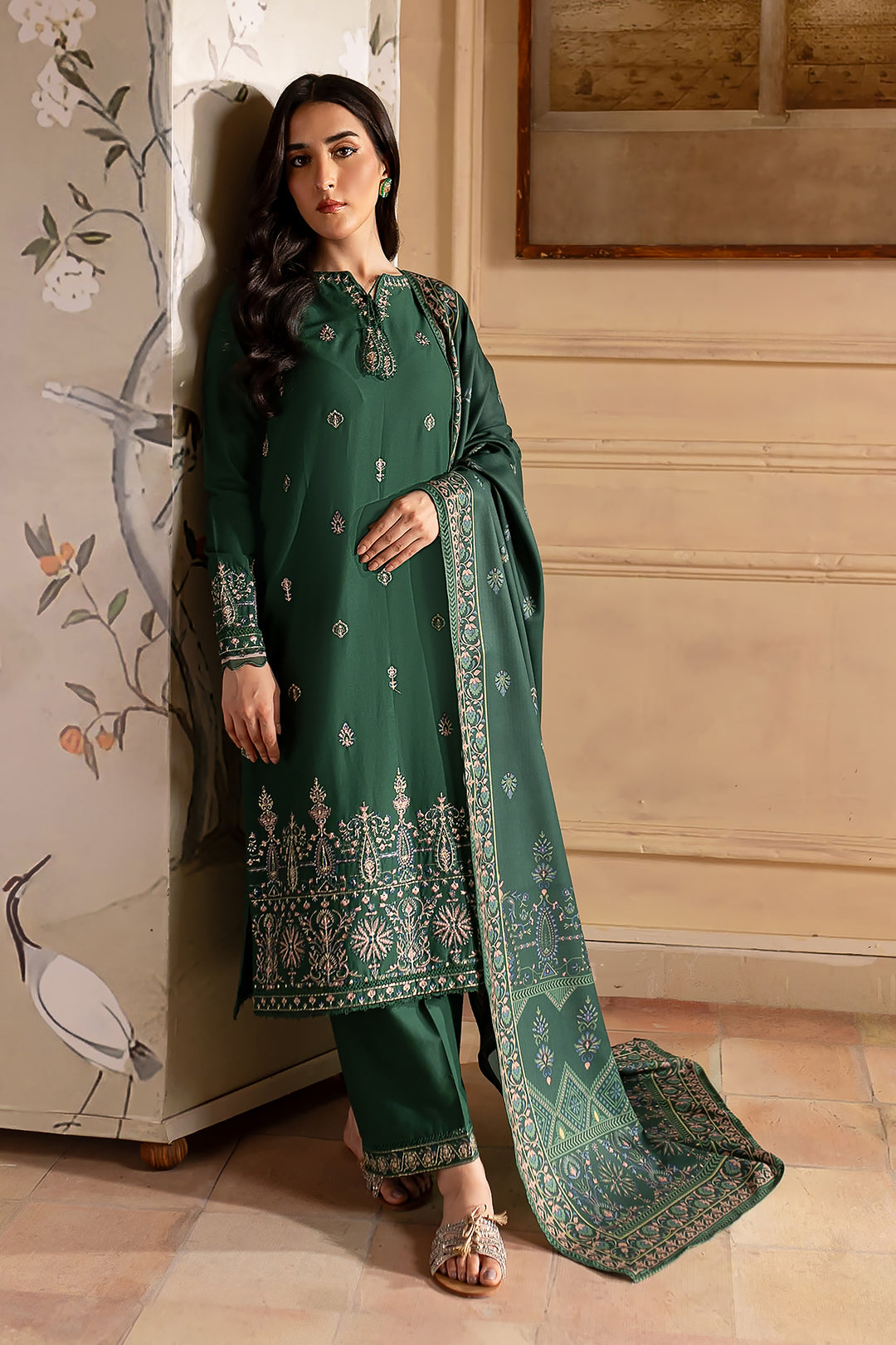 Green Sam 3Pc - Embroidered Khaddar Dress - BATIK