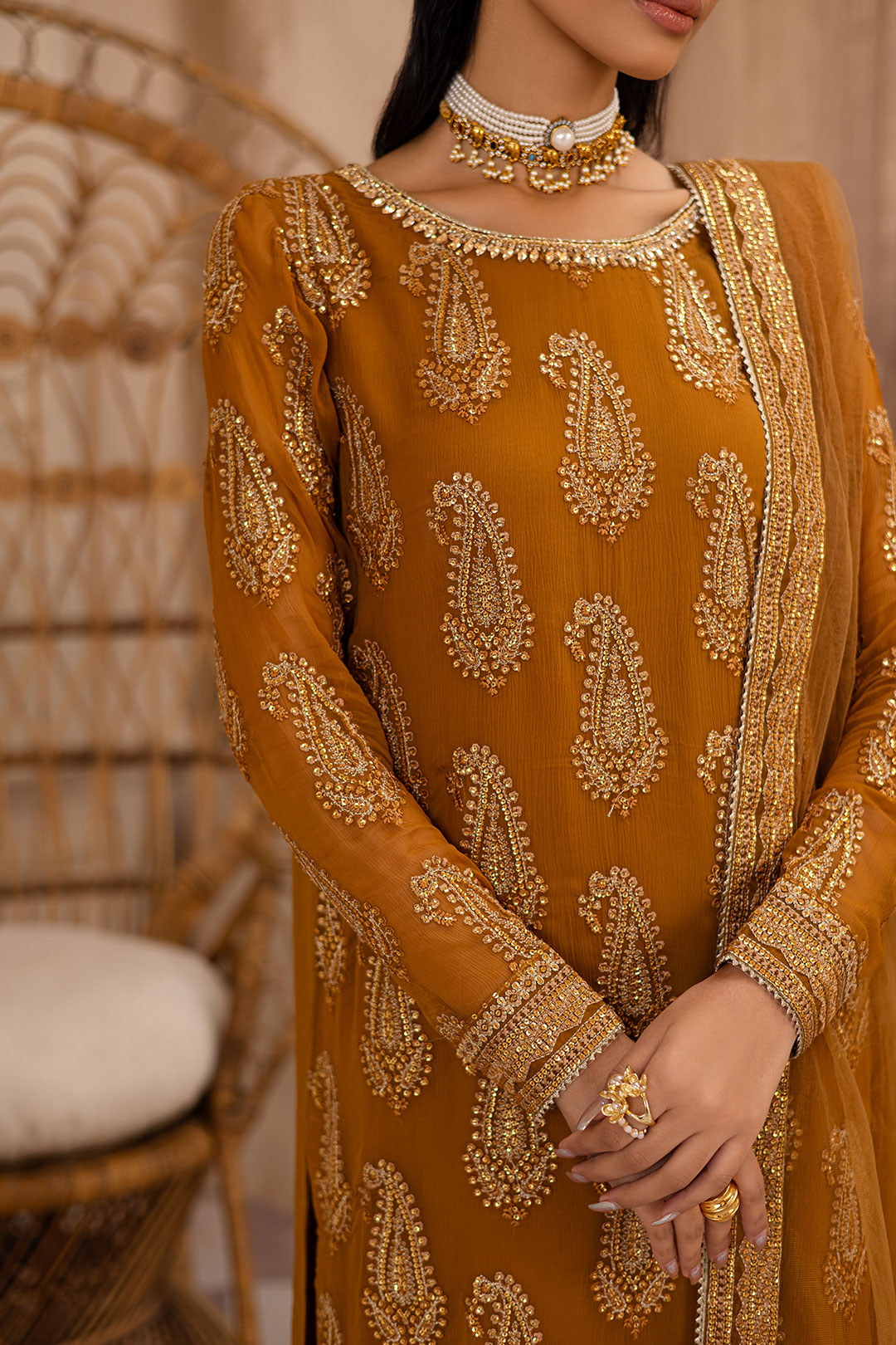 Paisley Mustard 3Pc - Embroidered Luxe Pret