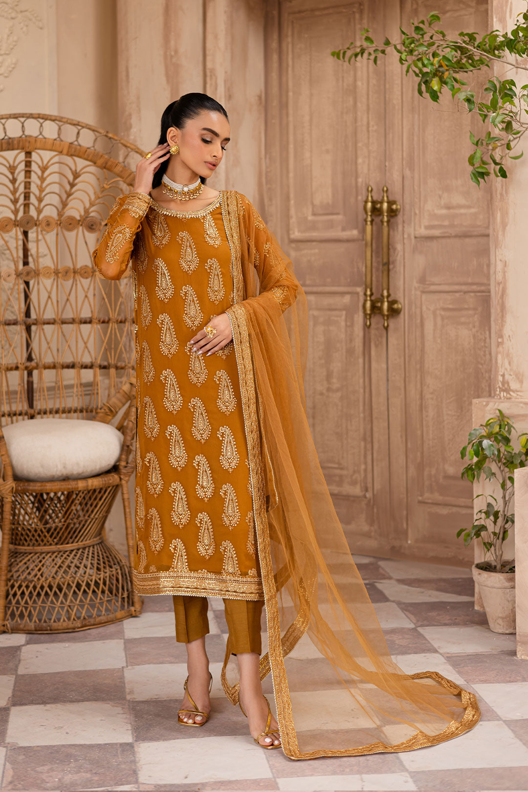 Paisley Mustard 3Pc - Embroidered Luxe Pret