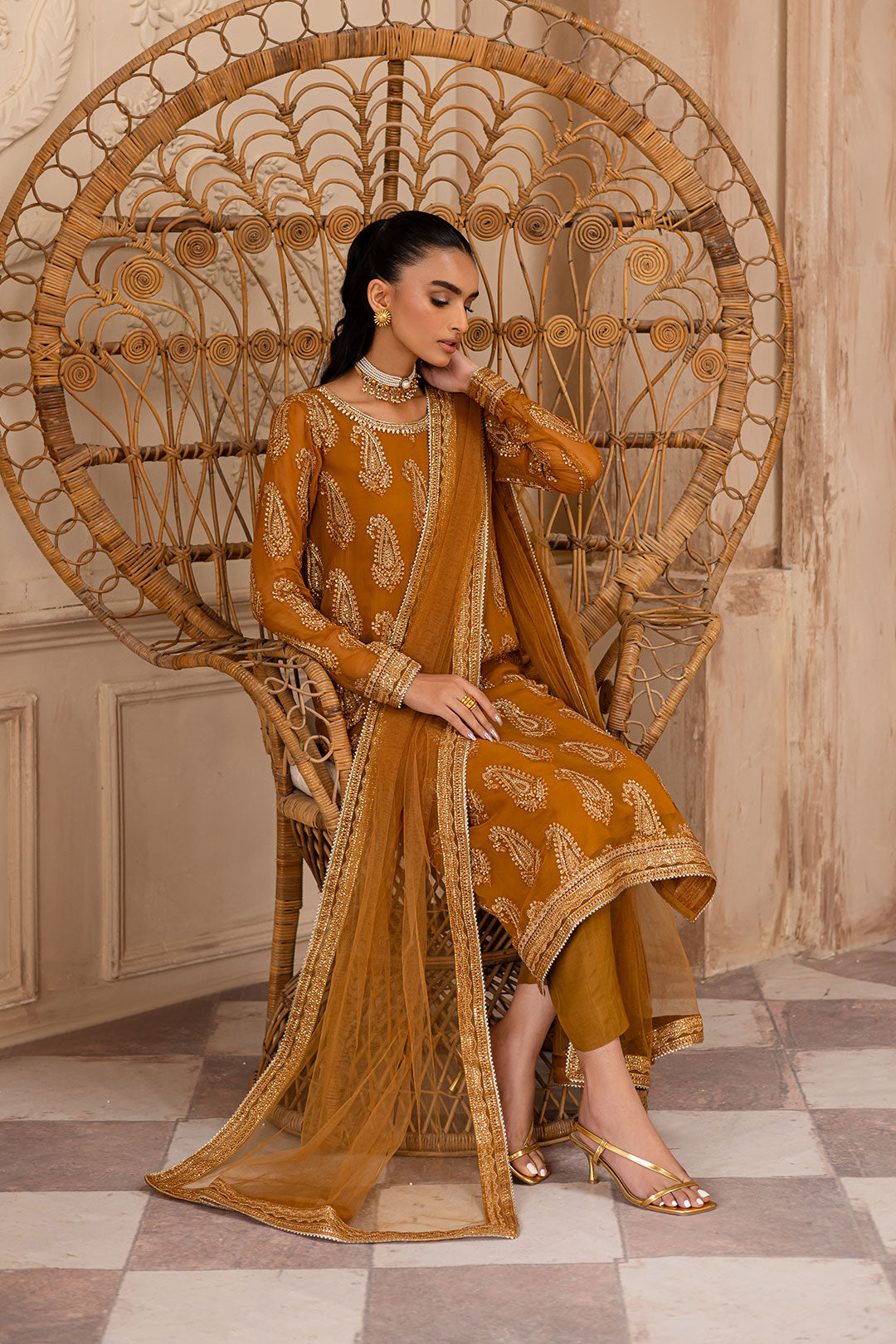 Paisley Mustard 3Pc - Embroidered Luxe Pret