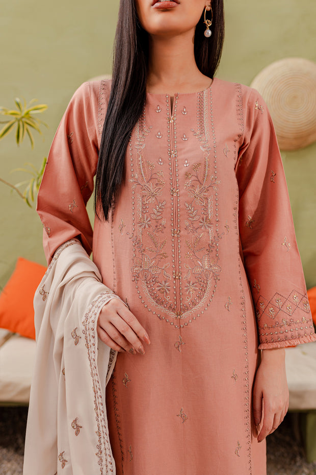 Peach Ice 3Pc - Embroidered Khaddar Dress - BATIK