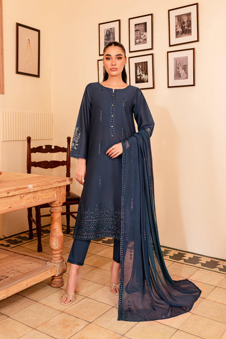 Blue Gold 3Pc - Embroidered Lawn Dress - BATIK