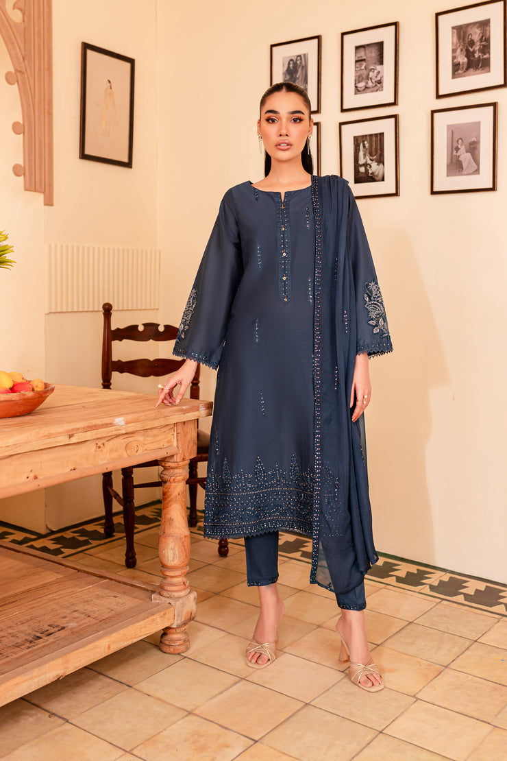 Blue Gold 3Pc - Embroidered Lawn Dress - BATIK