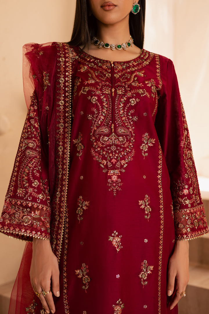 Beet Red 3Pc - Embroidered Solid Dress - BATIK