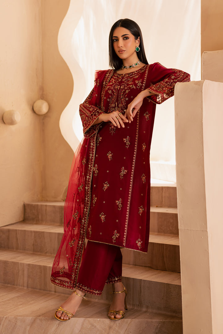 Beet Red 3Pc - Embroidered Solid Dress - BATIK