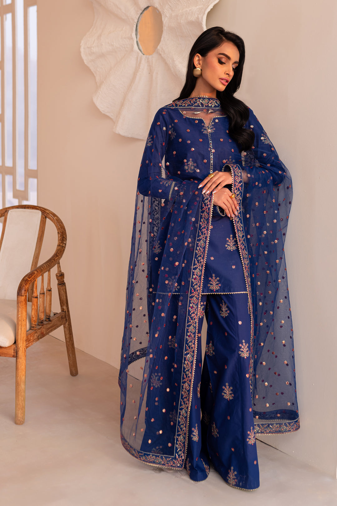 Bluish 3Pc - Embroidered Sharara Pret