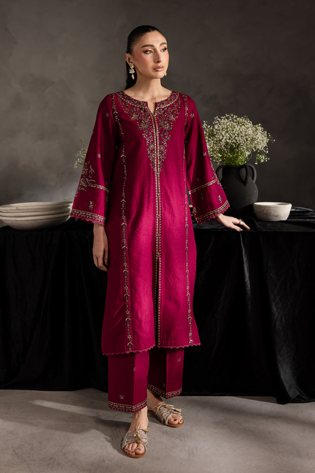 Maroon Rosewood 2Pc - Embroidered Khaddar dress - BATIK