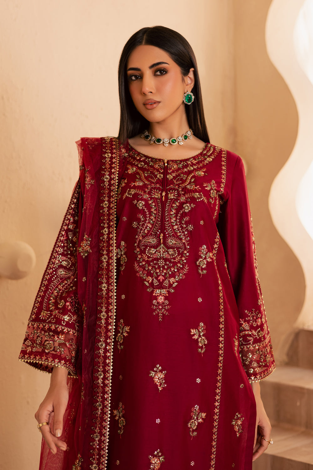 Beet Red 3Pc - Embroidered Solid Dress - BATIK