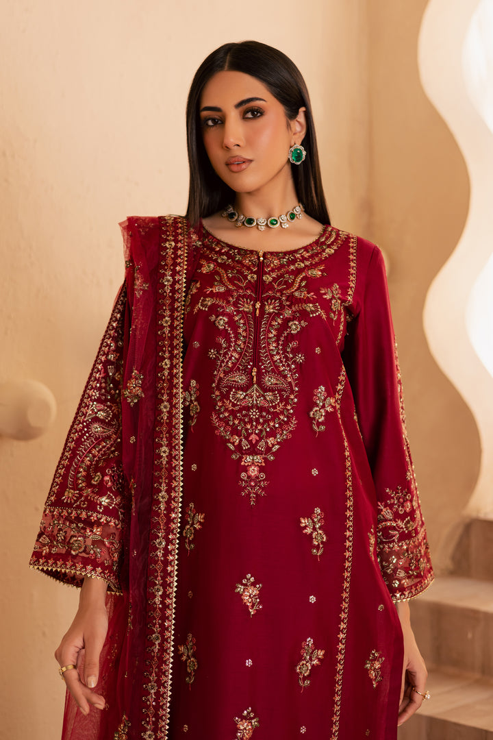 Beet Red 3Pc - Embroidered Solid Dress - BATIK