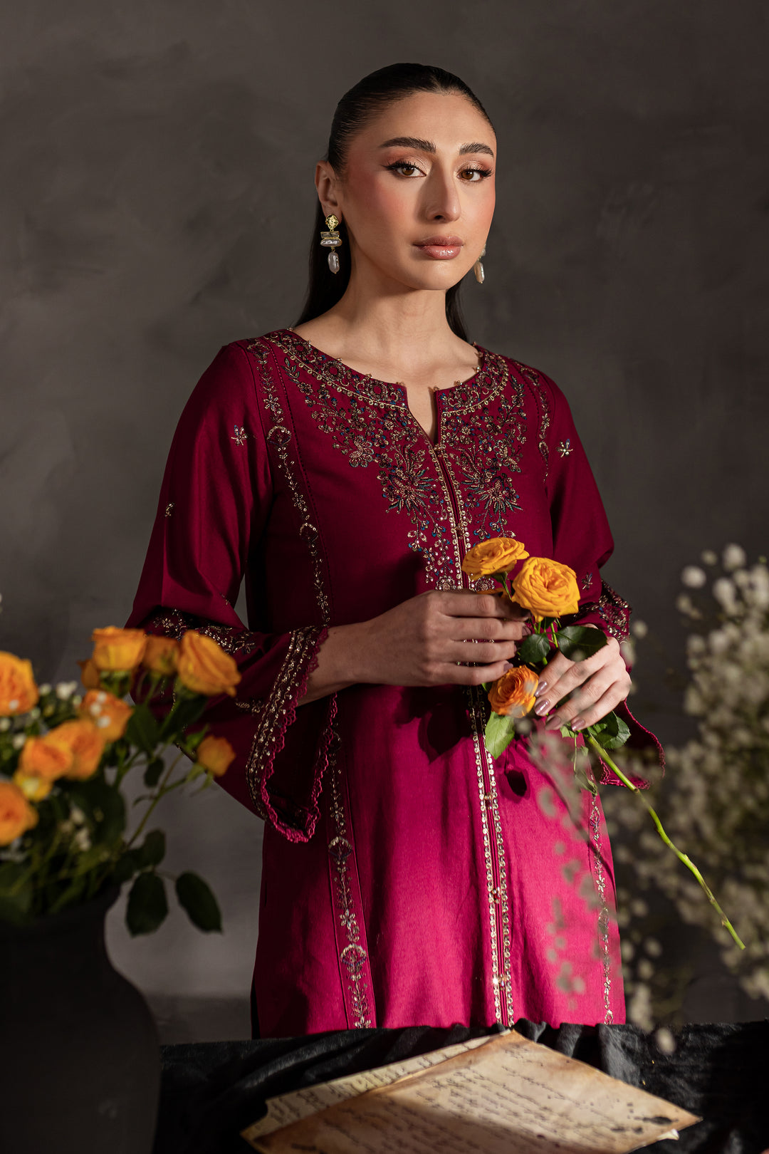 Maroon Rosewood 2Pc - Embroidered Khaddar dress - BATIK