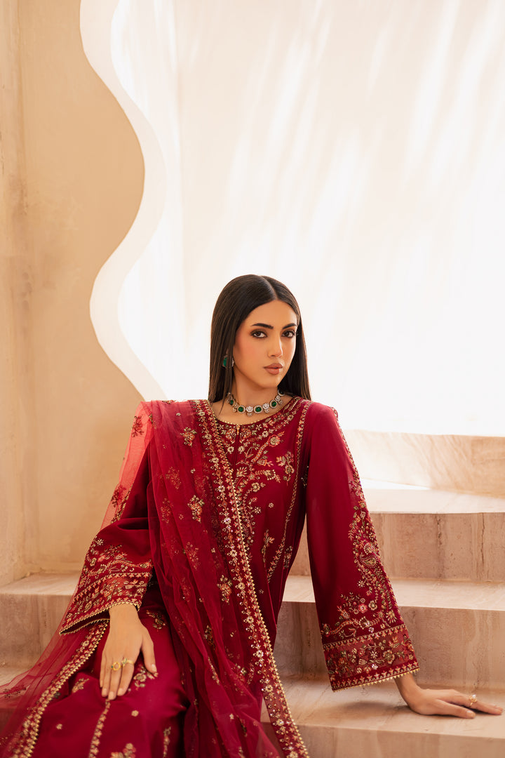 Beet Red 3Pc - Embroidered Solid Dress - BATIK