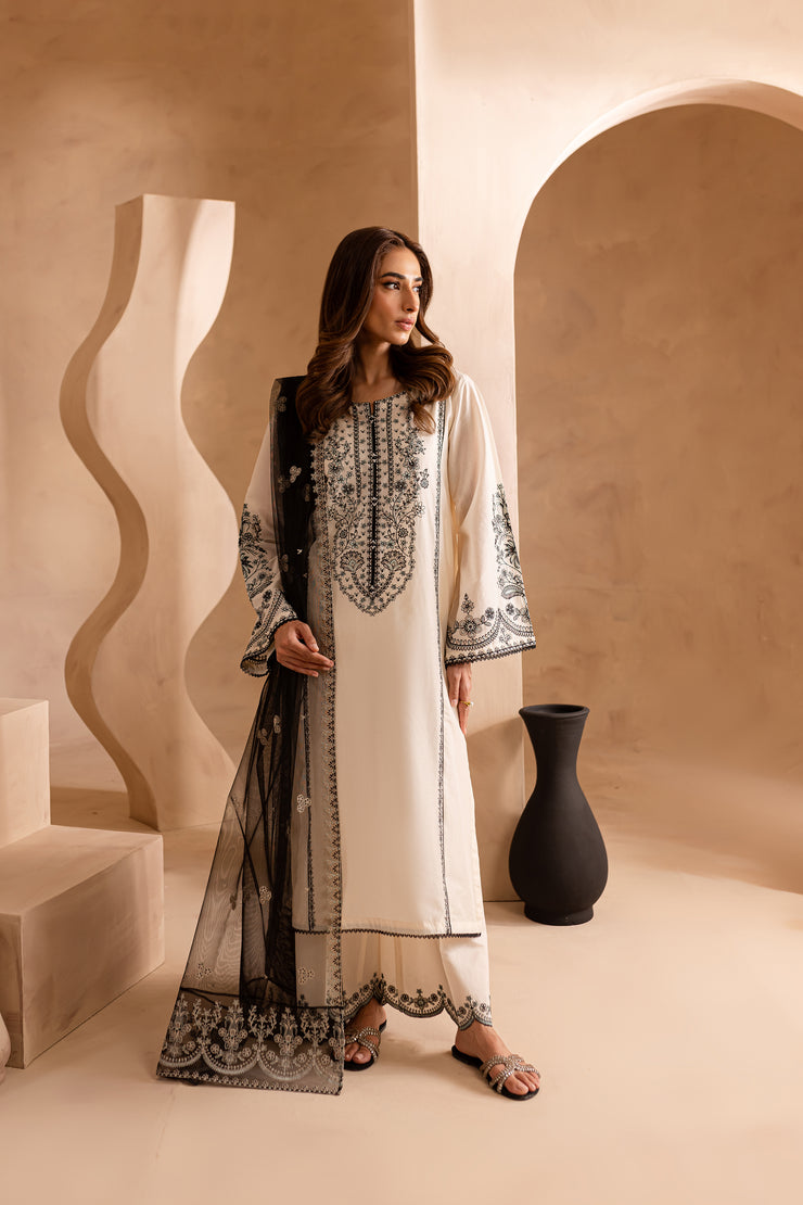 Black White 3Pc - Embroidered Lawn Dress - BATIK