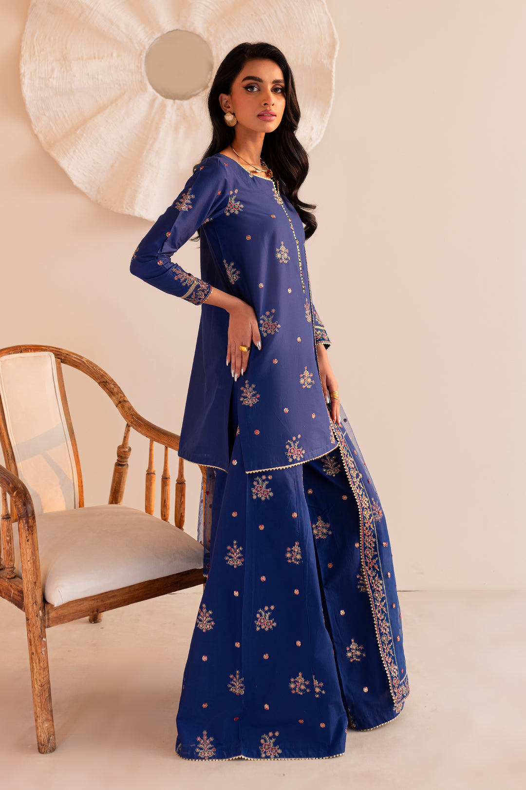 Bluish 3Pc - Embroidered Sharara Pret