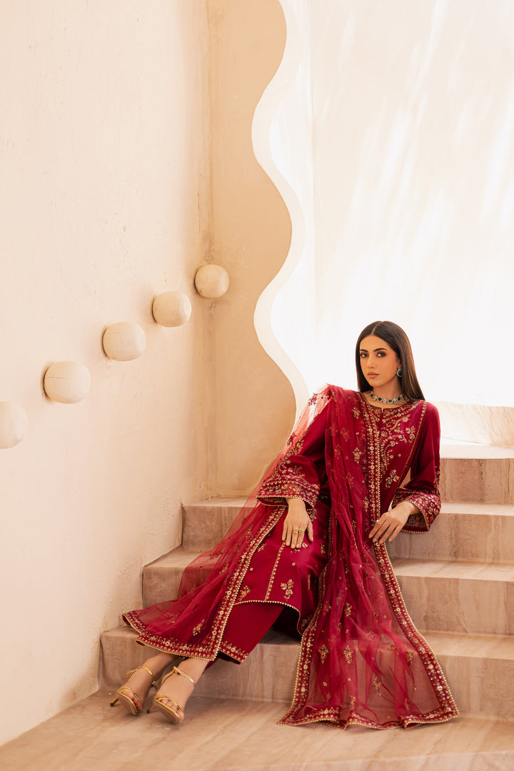 Beet Red 3Pc - Embroidered Solid Dress - BATIK
