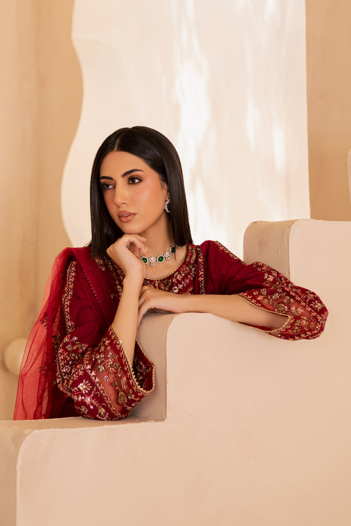 Beet Red 3Pc - Embroidered Solid Dress - BATIK