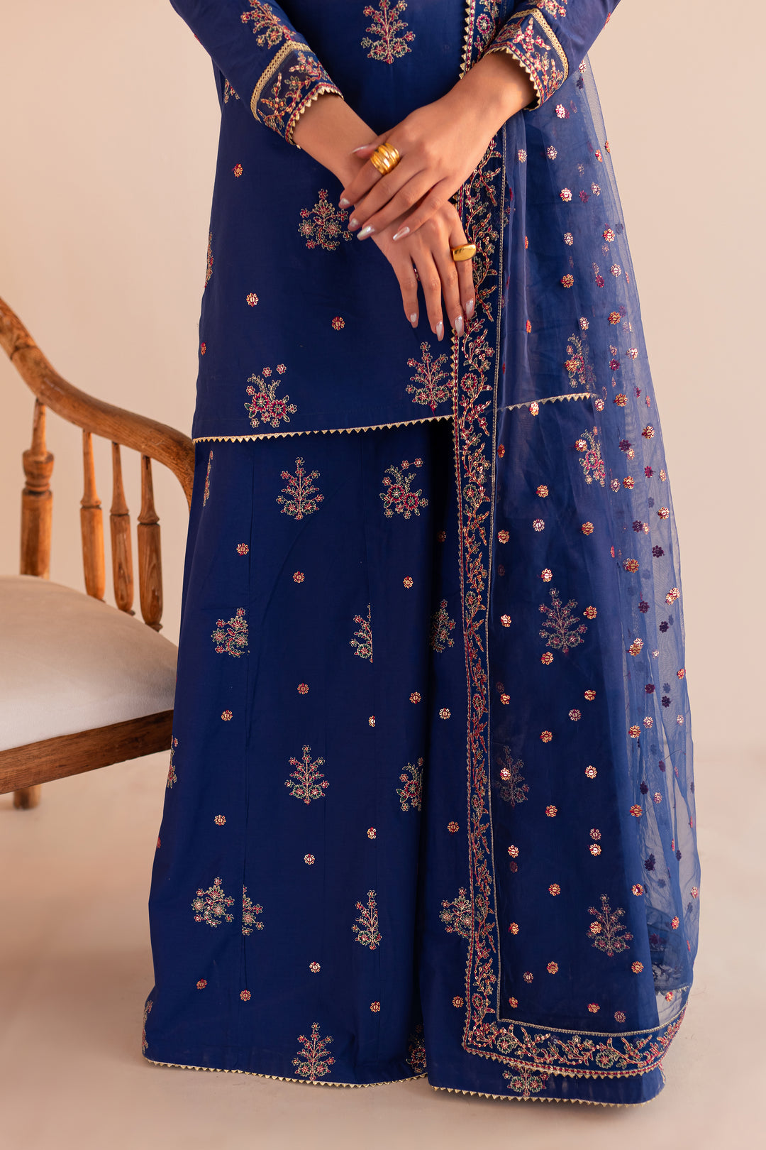 Bluish 3Pc - Embroidered Sharara Pret