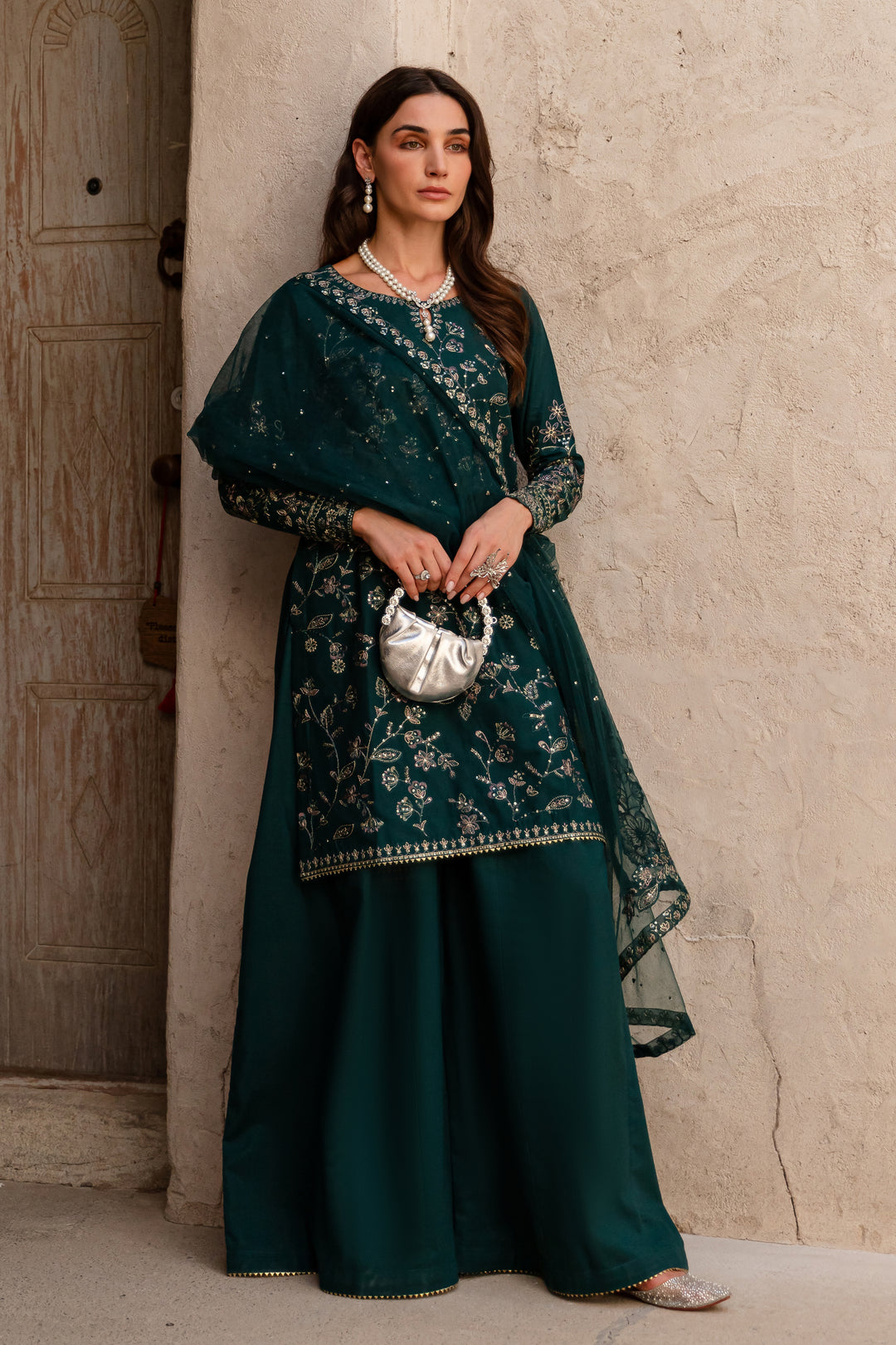 Aura Teal 3Pc - Embroidered Khaddar Dress - BATIK