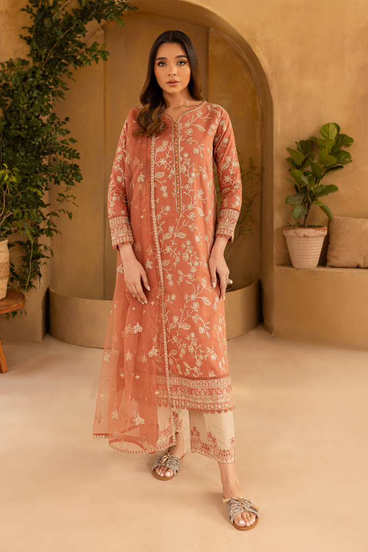 Peach Glam 3Pc - Embroidered Khaddar Dress - BATIK