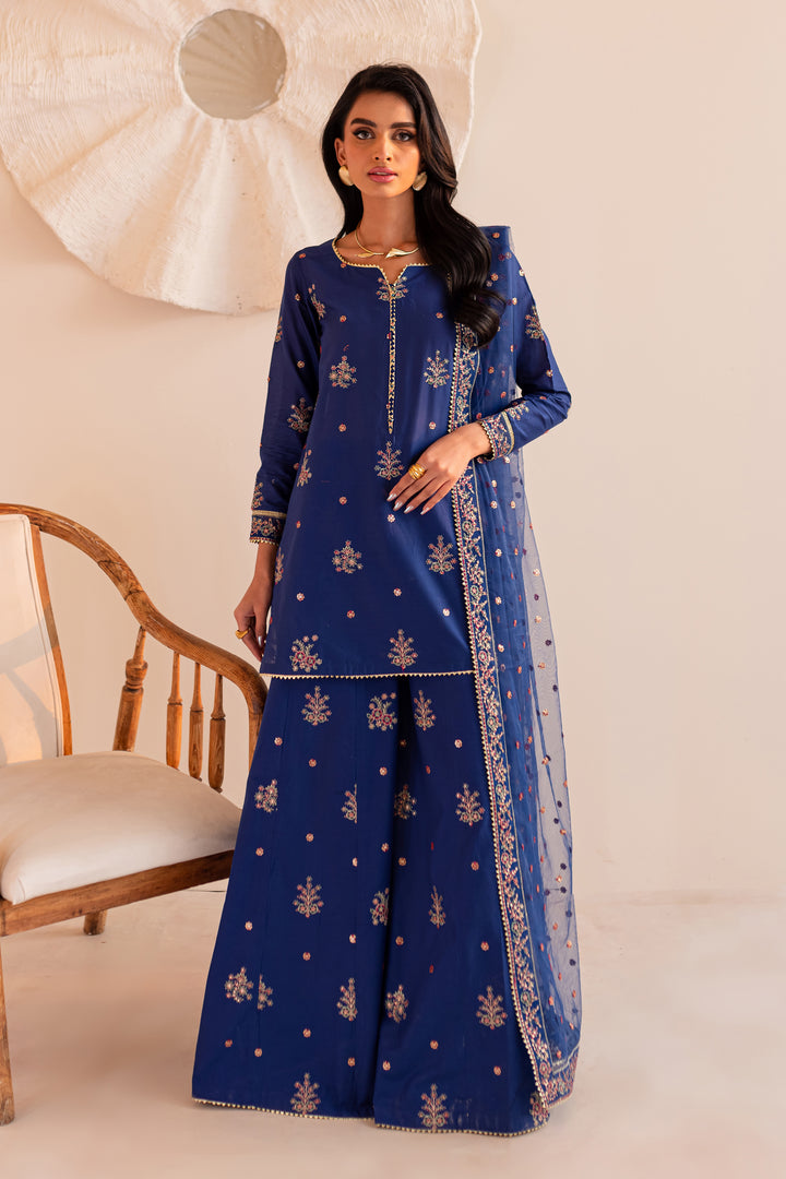 Bluish 3Pc - Embroidered Sharara Pret