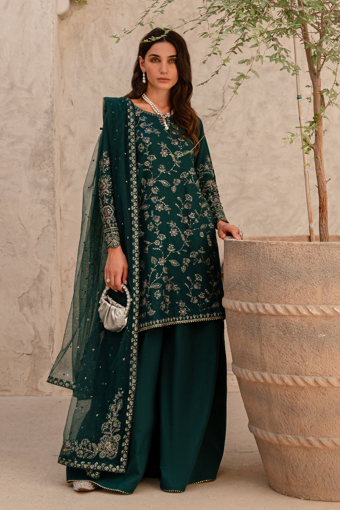 Aura Teal 3Pc - Embroidered Khaddar Dress - BATIK