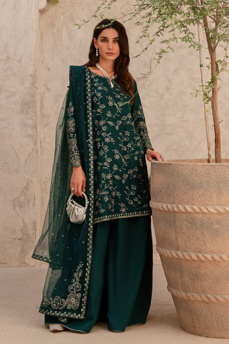 Aura Teal 3Pc - Embroidered Khaddar Dress