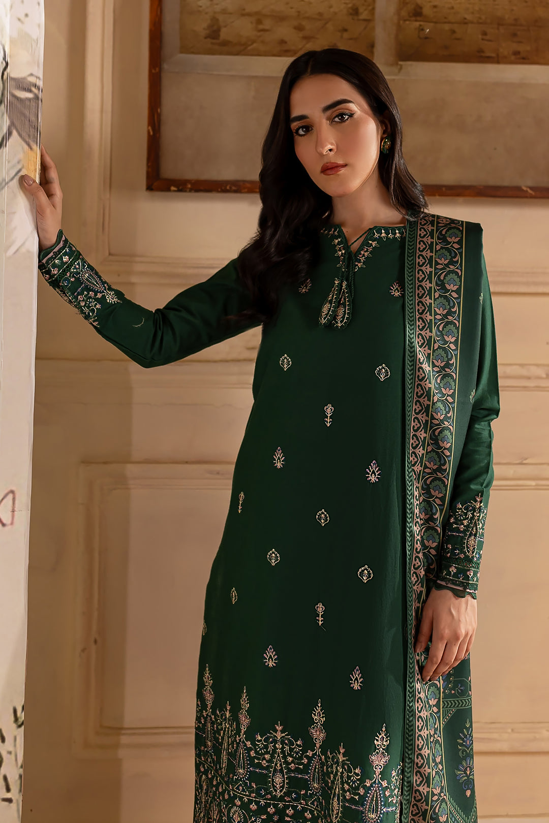 Green Sam 3Pc - Embroidered Khaddar Dress - BATIK