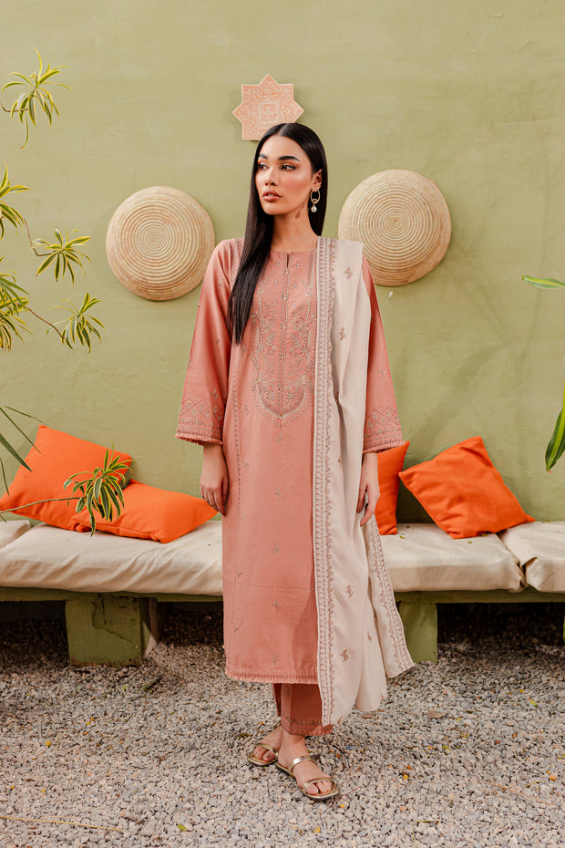 Peach Ice 3Pc - Embroidered Khaddar Dress - BATIK