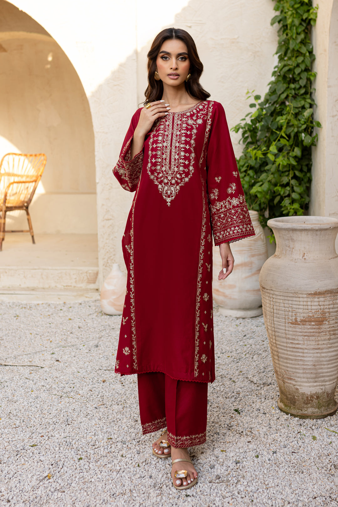 Red Sea 2Pc - Embroidered Khaddar Dress - BATIK