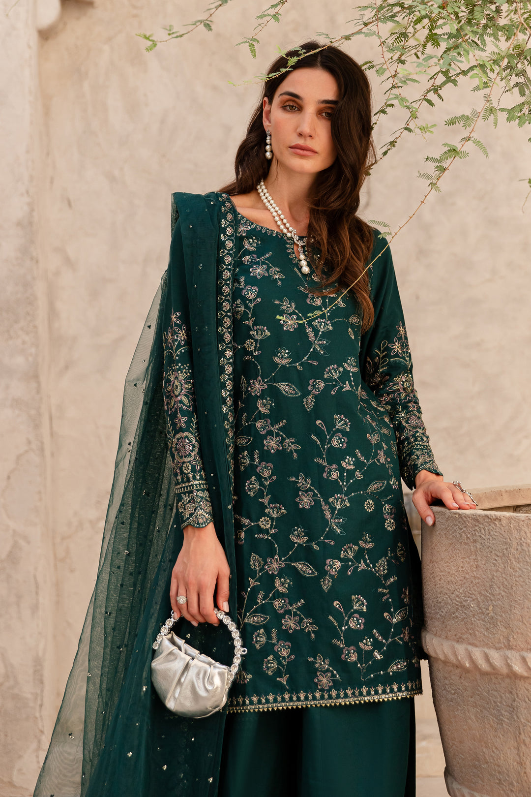 Aura Teal 3Pc - Embroidered Khaddar Dress - BATIK