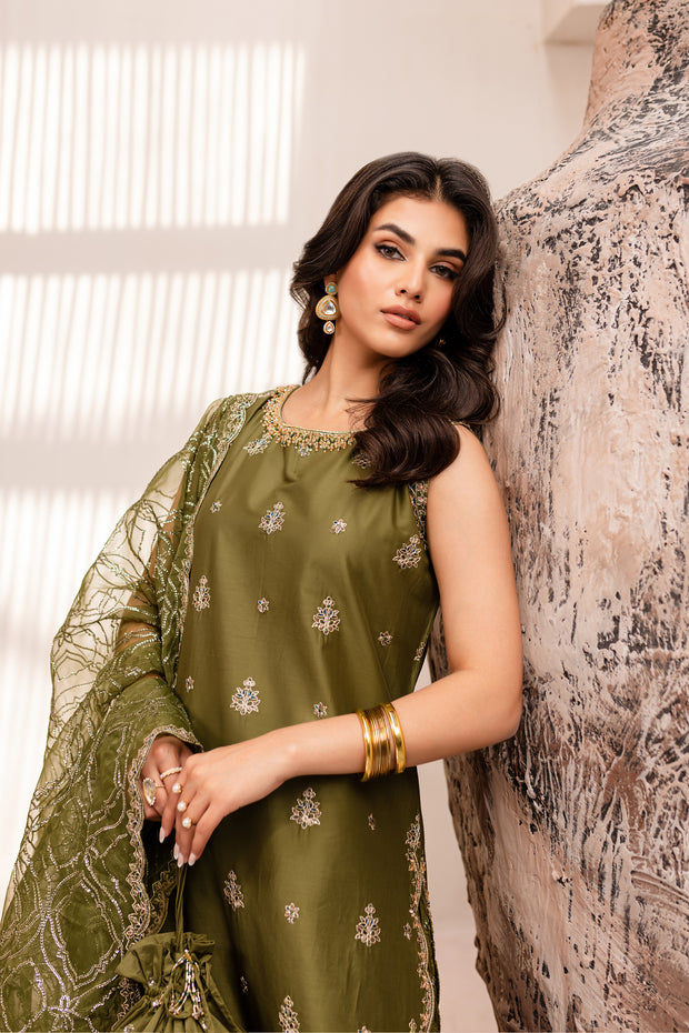 Green Zerwish 3Pc - Embroidered Luxe PRET - BATIK