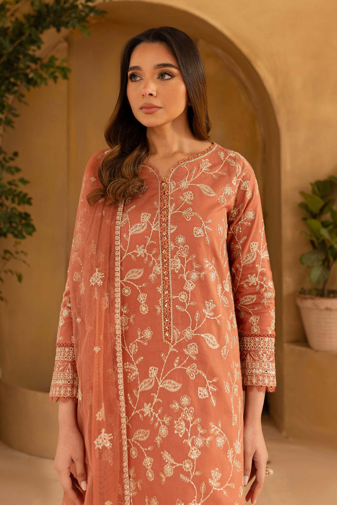 Peach Glam 3Pc - Embroidered Khaddar Dress - BATIK