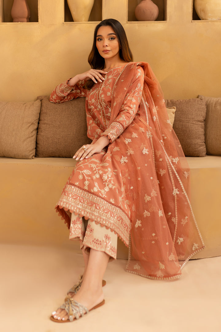 Peach Glam 3Pc - Embroidered Khaddar Dress - BATIK