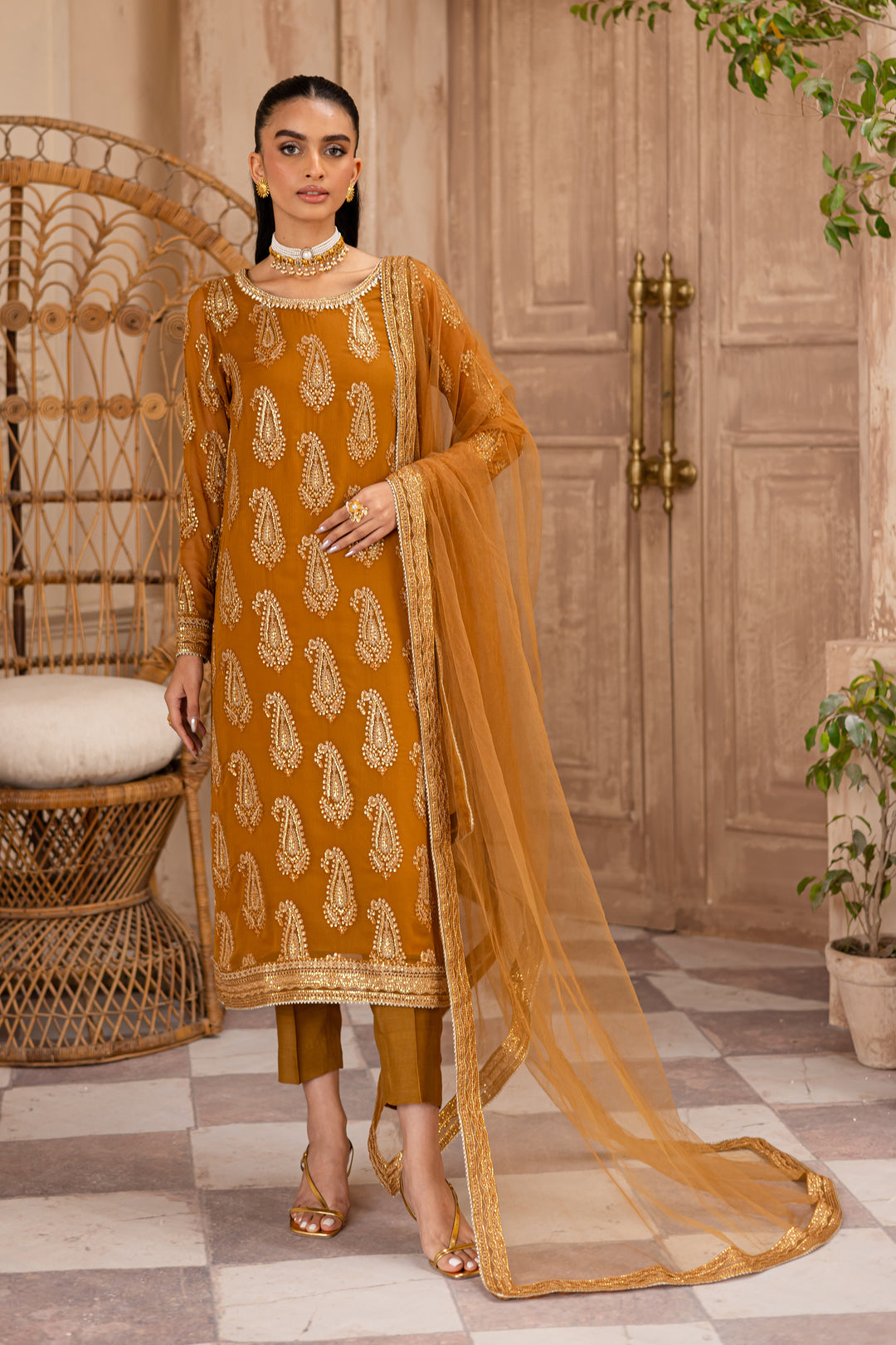 Paisley Mustard 3Pc - Embroidered Luxe Pret