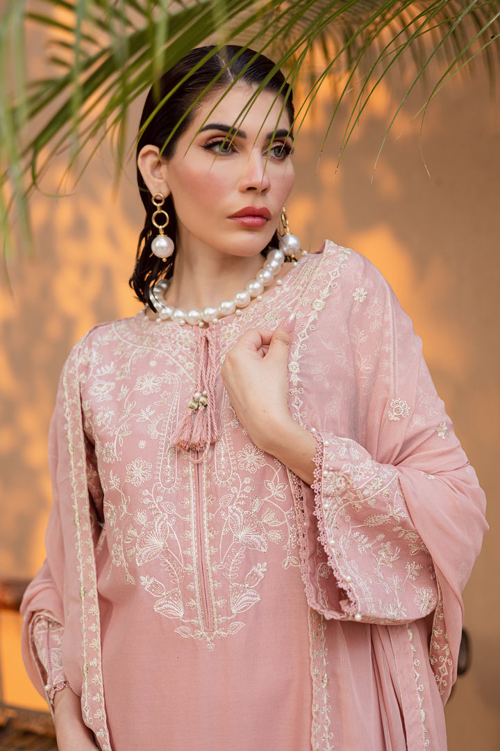 Pink Pashmina 3Pc - Embroidered Khaddar Dress