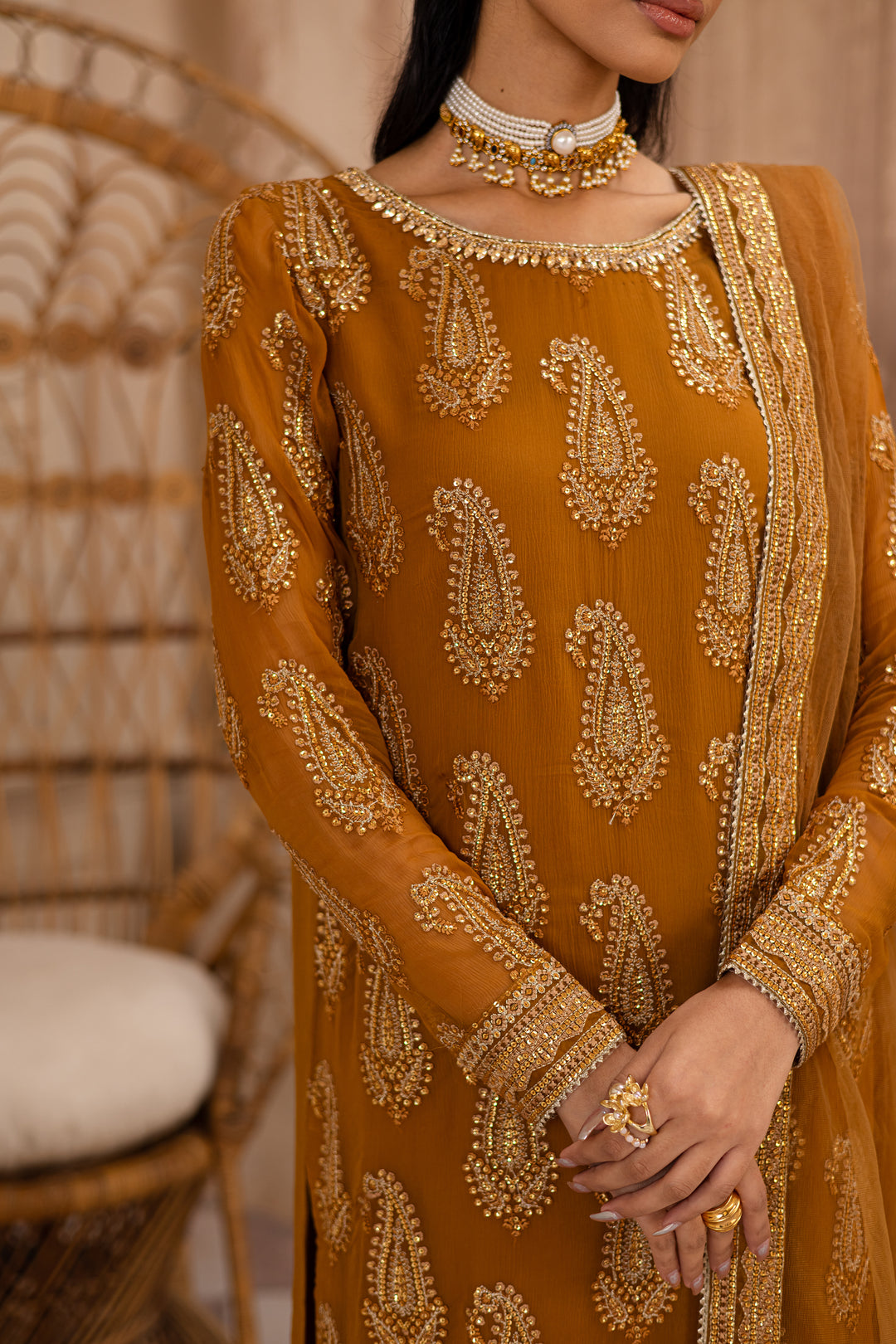 Paisley Mustard 3Pc - Embroidered Luxe Pret