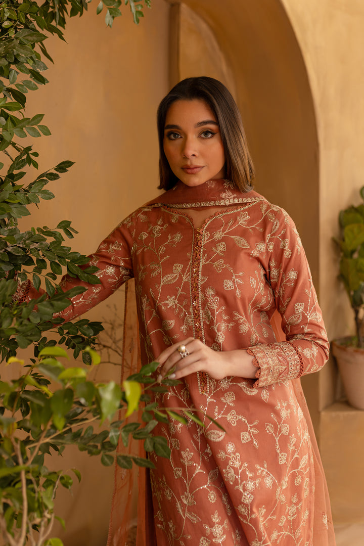 Peach Glam 3Pc - Embroidered Khaddar Dress - BATIK