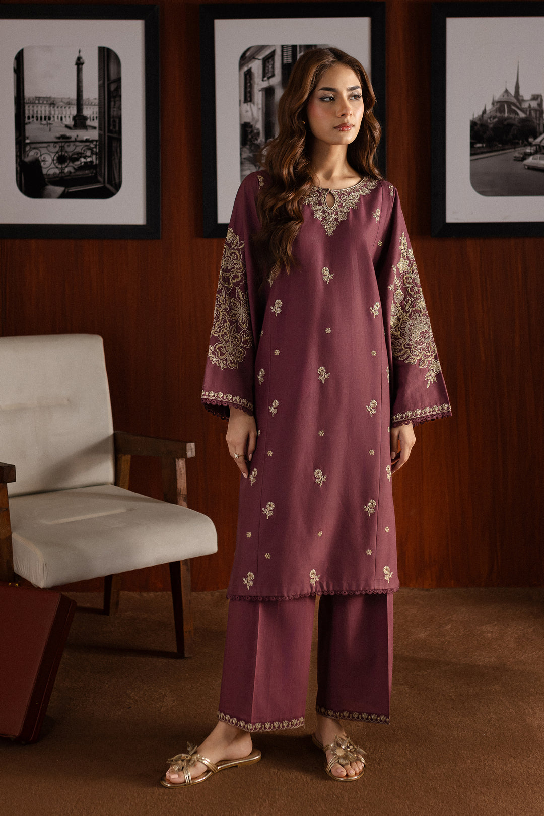 Mauve Plum 2Pc - Embroidered Khaddar Dress - BATIK