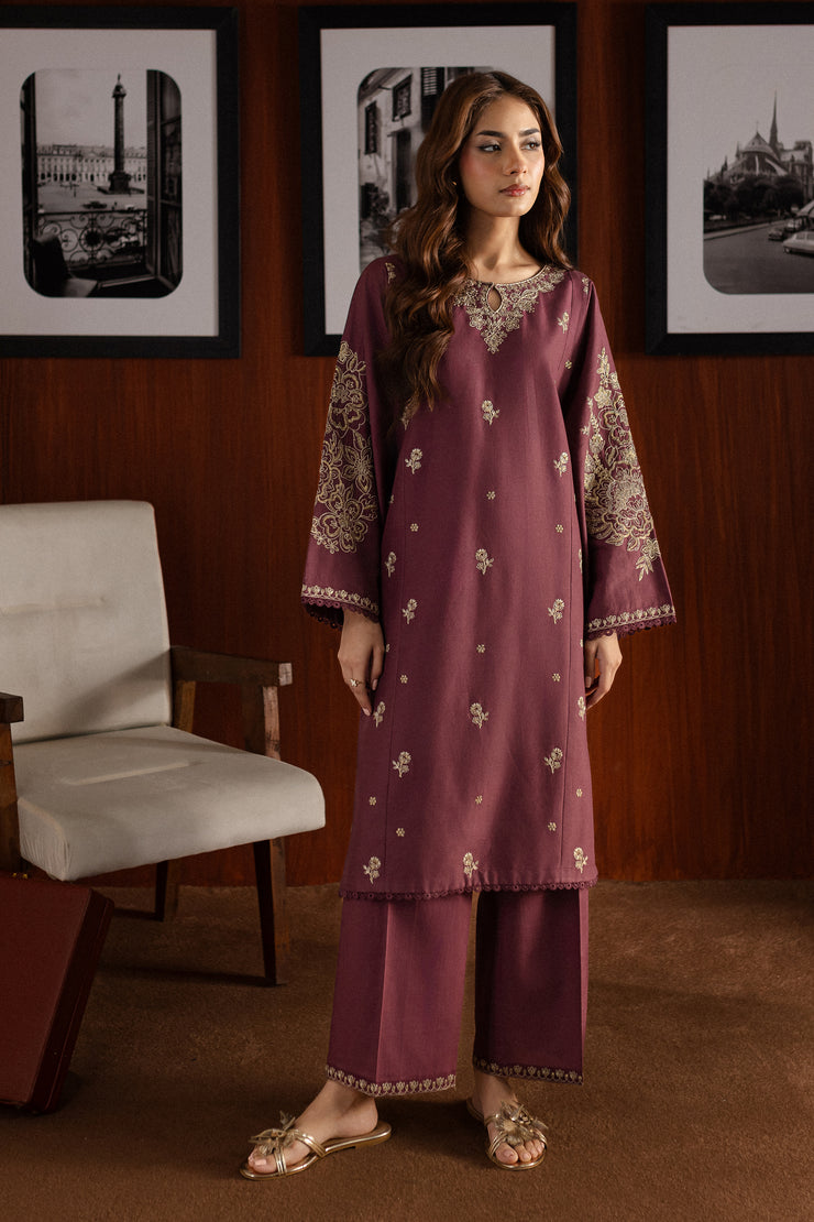 Mauve Plum 2Pc - Embroidered Khaddar Dress