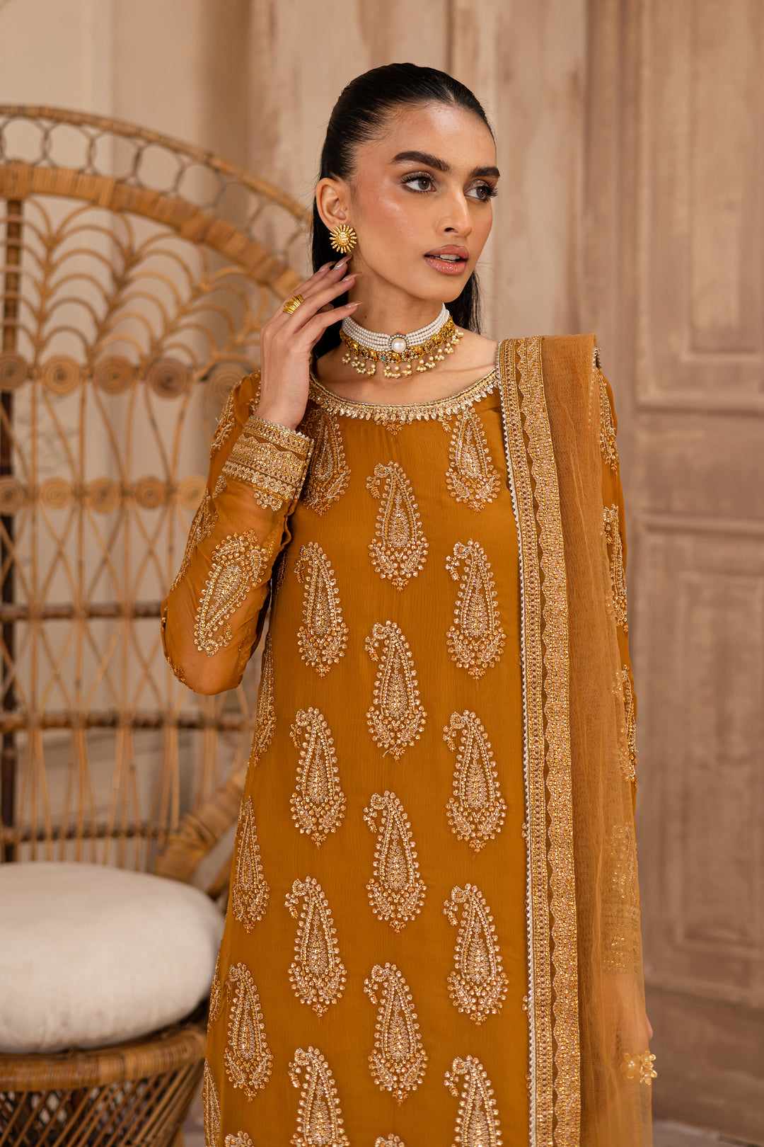 Paisley Mustard 3Pc - Embroidered Luxe Pret