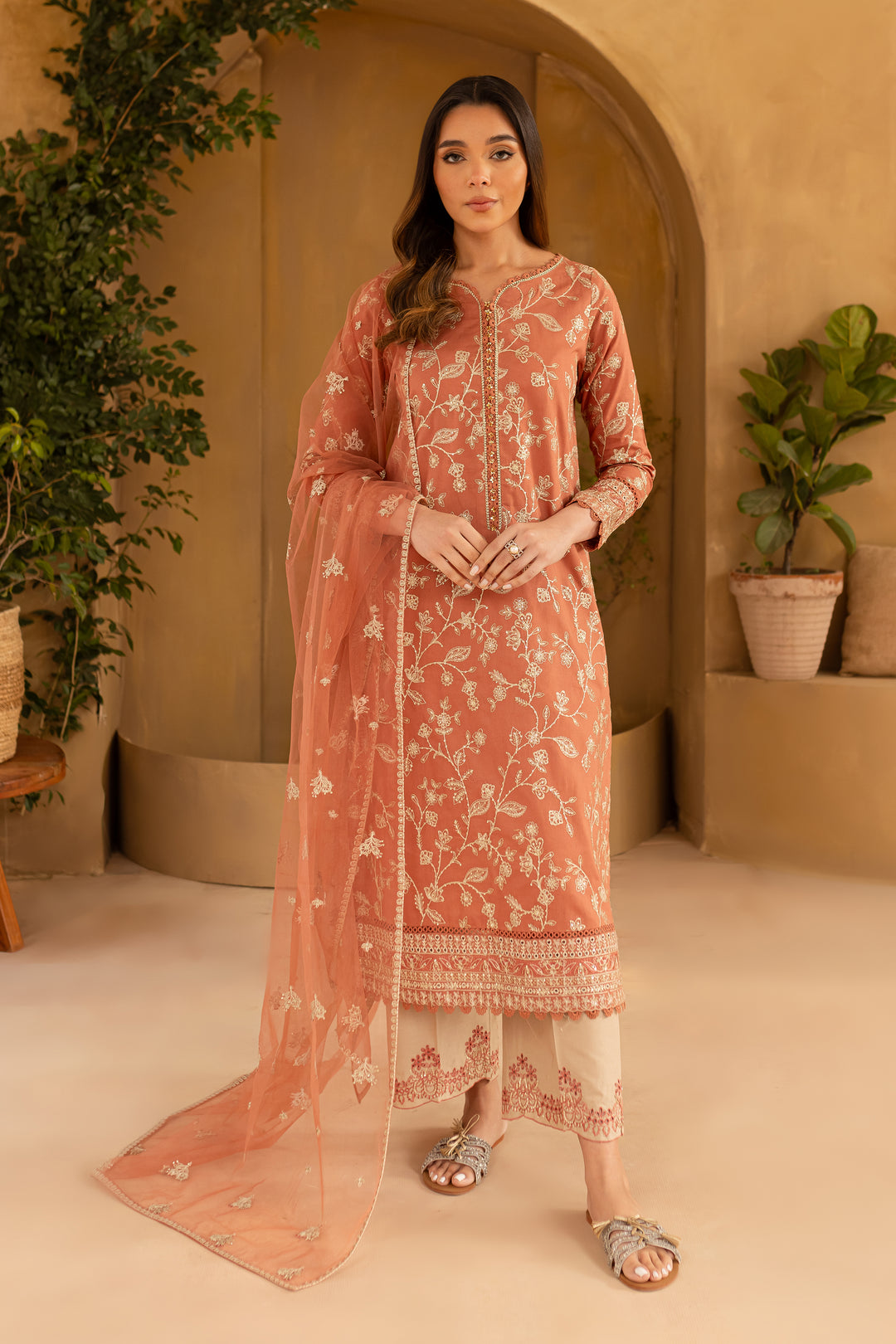 Peach Glam 3Pc - Embroidered Khaddar Dress - BATIK