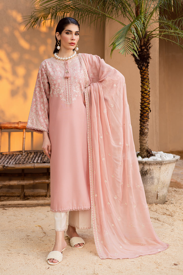 Pink Pashmina 3Pc - Embroidered Khaddar Dress