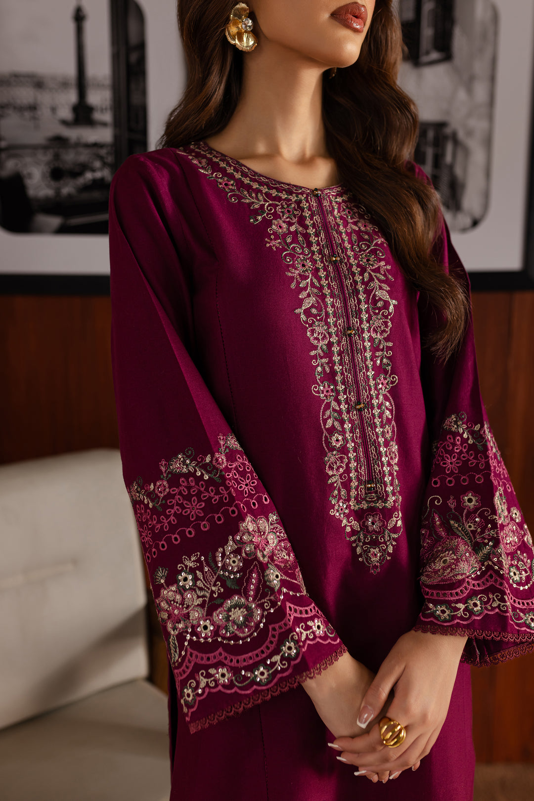 Maroon Garth 2Pc - Embroidered Khaddar Dress - BATIK