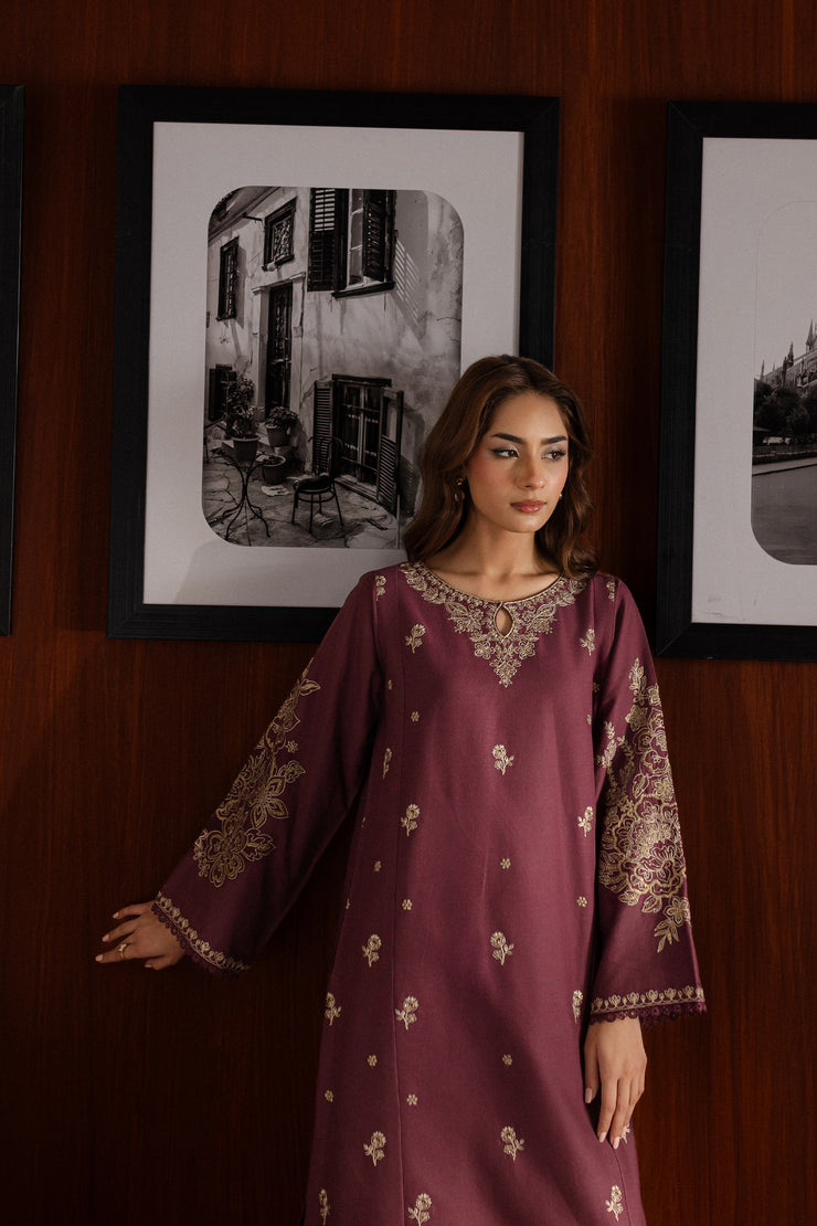 Mauve Plum 2Pc - Embroidered Khaddar Dress