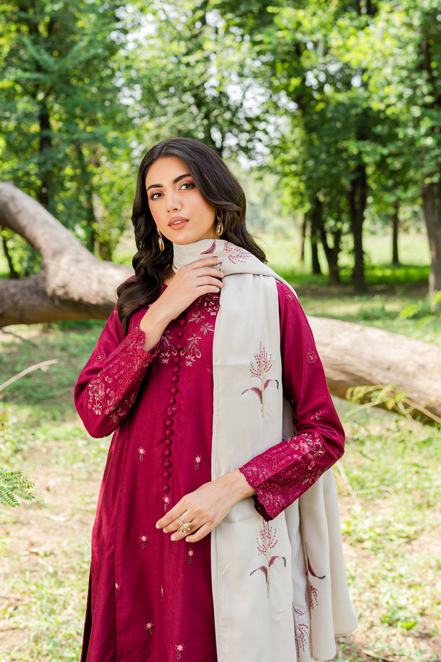 Burgundy Bling 3Pc - Embroidered Karandi Dress - BATIK