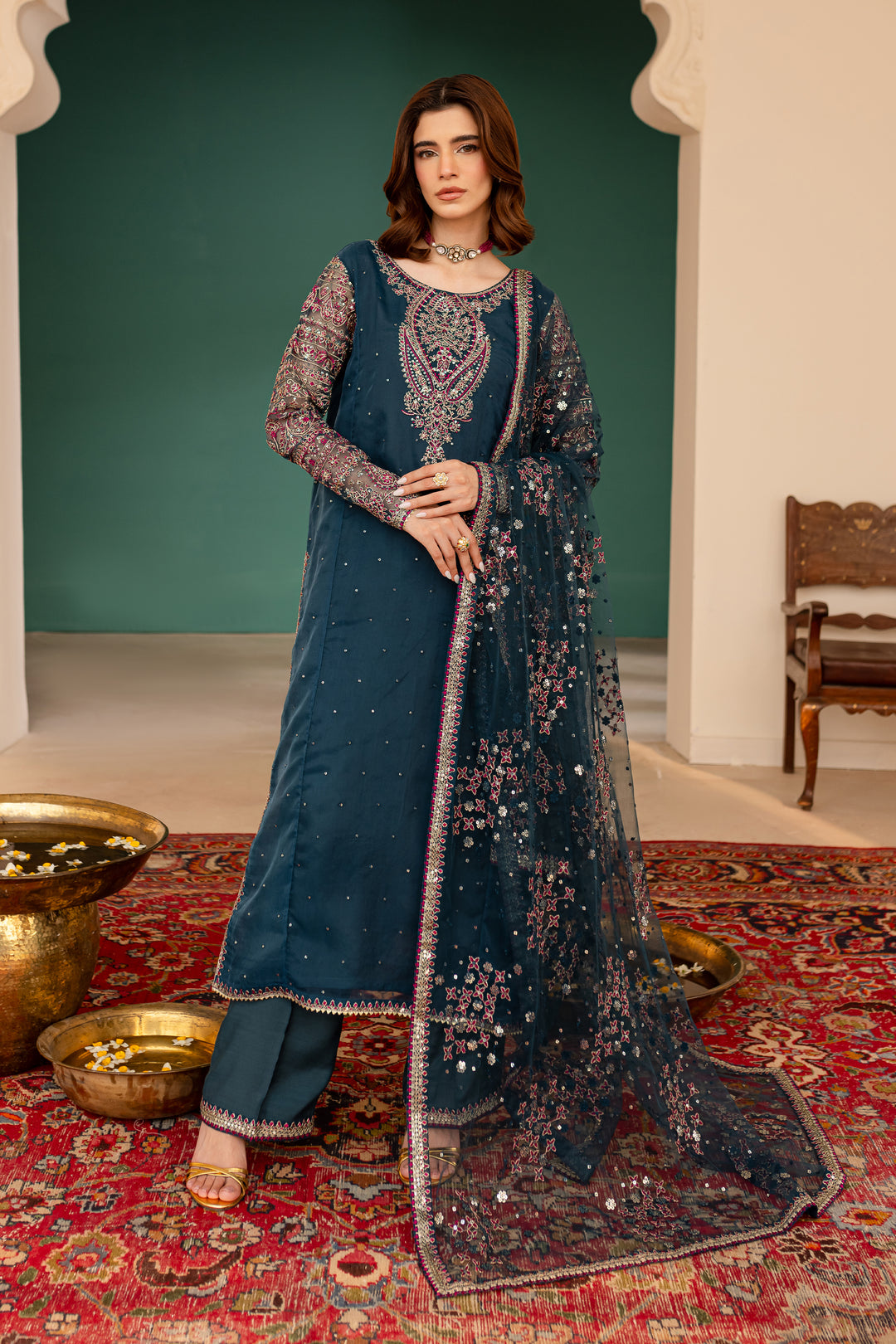 Azure Blue 3Pc - Embroidered Luxe Pret