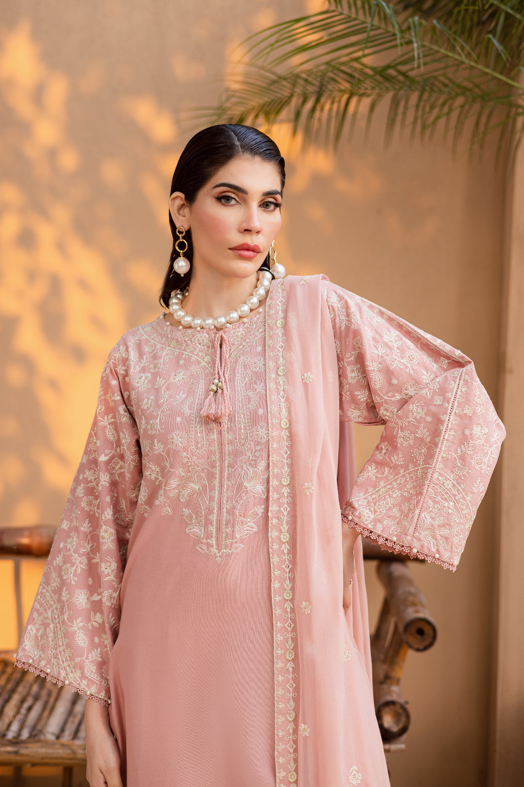 Pink Pashmina 3Pc - Embroidered Khaddar Dress