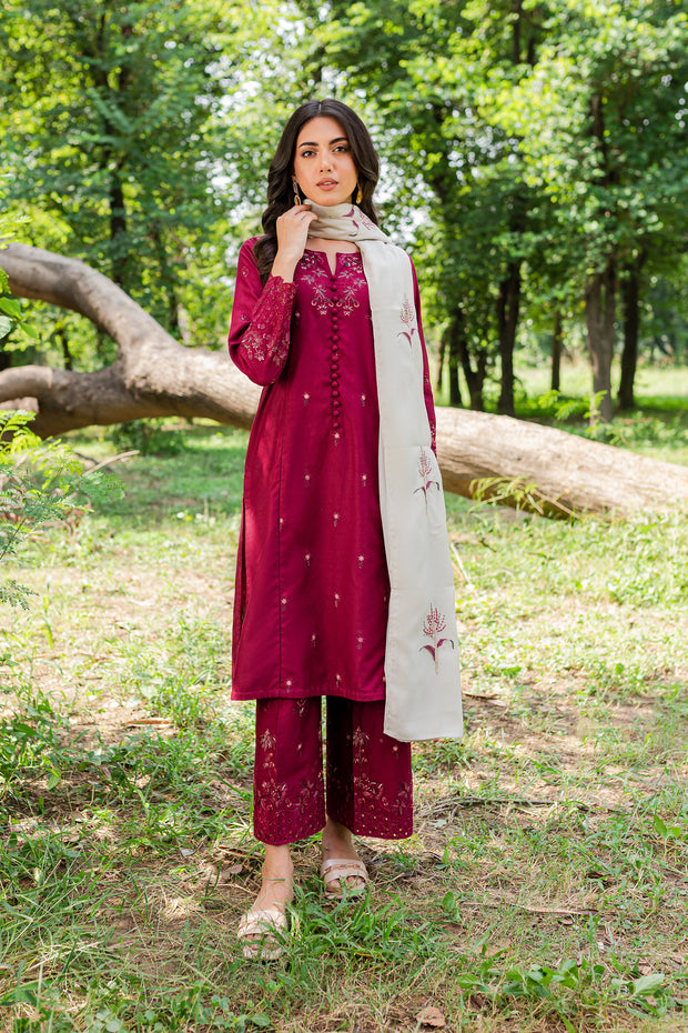 Burgundy Bling 3Pc - Embroidered Karandi Dress - BATIK